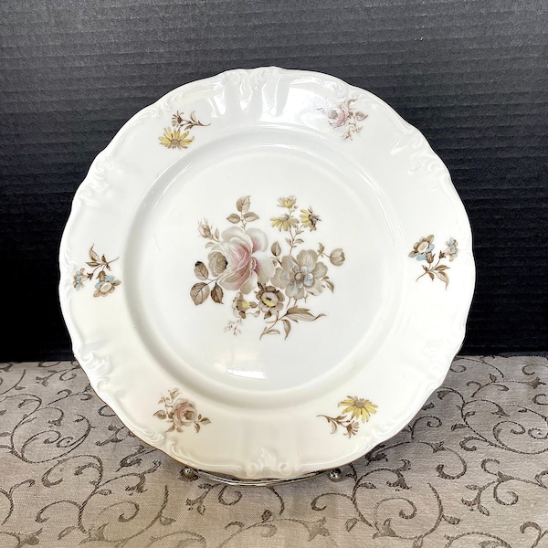 1960's-70's Winterling Bavaria Germany " Empress Maria Theresa" Dinner Plate, Scalloped Embossed Pink Yellow Blue nTaupe Floral, Excellent