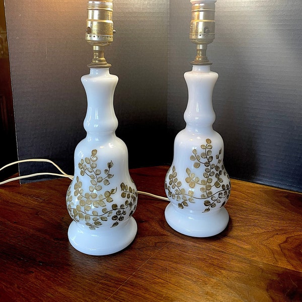 1940's-50's Art Deco Milk Glass Dainty Boudoir Lamps, Set of Lamps w Handpainted Gold Leaf Clusters, Excellent VTG Condition, Size in photo