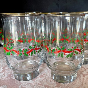 1980's Libbey's Holly (12), Ribbon Tumblers, Sold Singly, Red Ribbon, Berries, Green Holly on Clear, MINT Unused Cond., Size in Photos