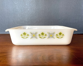 1968-1976 "Meadow Green" Fire King, Anchor Hocking, 8" Sq. Cake Pan Milk Glass, Green n Yellow Floral Design, Excellent VTG UNUSED Cond.