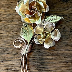 1940's-50's Multi Gold Tone Multi Layered 3D Sculptural Double Rose w Stems and Textured Leaves, Statement Piece, Excellent VTG Condition