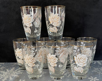 1963 Libbey "Rose Banquet" Tumblers (6) Large White & Gold Roses Sold Together, 4-3/4" High, 10 OZ., Excellent VTG Cond., Size in Photos