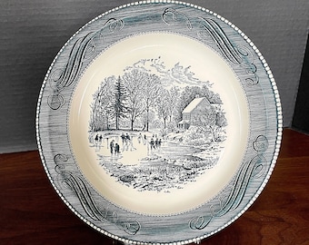 1960&#39;s-70&#39;s Currier & Ives, Only ONE Left, Blue on White Ironstone Pie Pan, 10&quot; Skaters Country Home Pond, Excellent VTG Unused Cond.