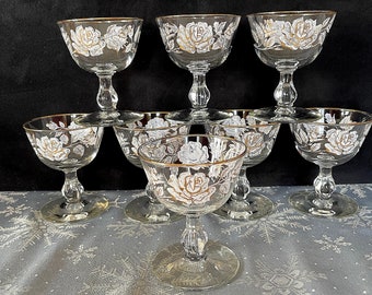 1963 LIBBEY MCM "Rose Banquet" Champagne, (6) Large White & Gold Roses, Sold Singly, 4-1/4" H, No Wear, NO Damage, Size in Photos