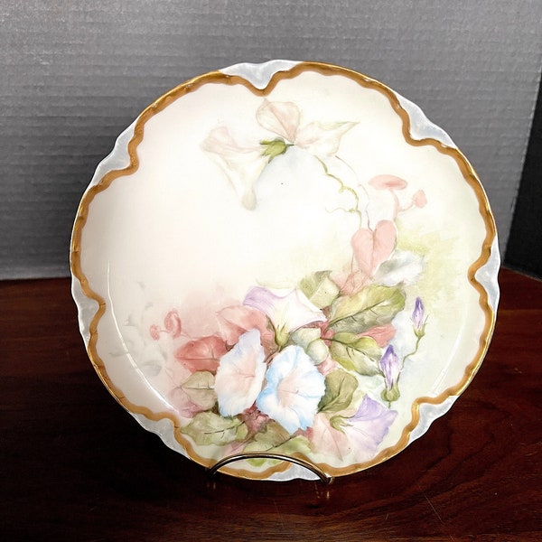 1910 Haviland France Hand Painted Porcelain Decor Plate, Blue Green Purple Morning Glories w Scallop Gold Trim Near Edge, Excellent AQ Cond.