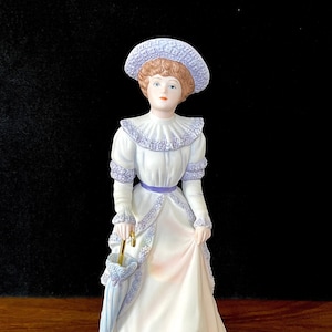 1998 Home Interiors Gifts, &quot;Penelope&quot; Lovely Victorian Lady, Layers of Purple Pink Dress, Tiny Flowers Edge the Hat n Bustle, Exc. VTG Cond.