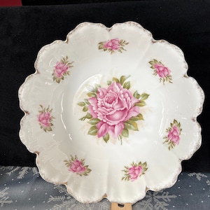 1890&#39;s-1906 10-1/4&quot; R & C Malmaison BAVARIA, Porcelain Bowl, Pink Roses 10-1/4&quot; W X 2-3/4&quot; H, Superb Antique Cond., Scalloped Edge Gold Trim