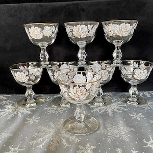 1963 LIBBEY MCM "Rose Banquet" Champagne, (6) Large White & Gold Roses, Sold Singly, 4-1/4" H, No Wear, NO Damage, Size in Photos