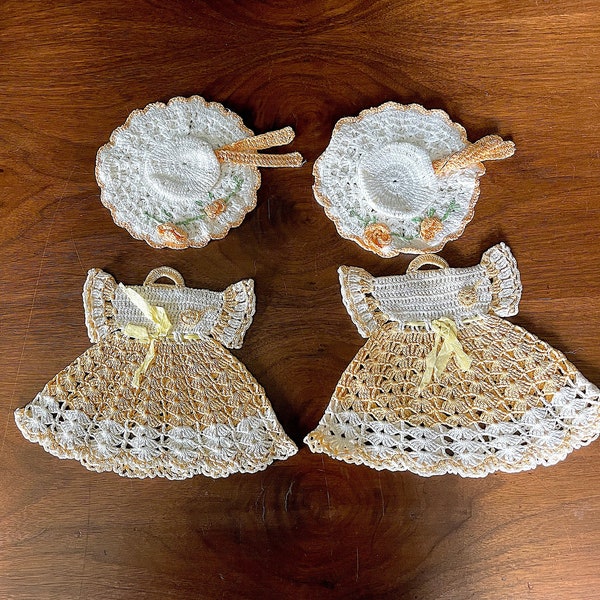 1950's (2 Sets) Kitschy Yellow and White Doily Sets, Hat and Dress, Girl's Bedroom, Laundry Room, Excellent VTG Condition, Size in Pics