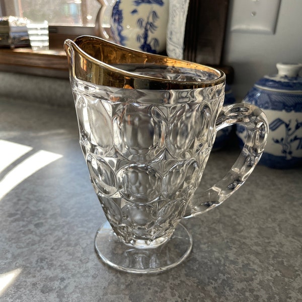 1930's Jeanette Glass Co. Thumbprint Optic Pitcher w Gold Trim at Lip, Exc. VTG Cond. 6-1/2" High X 6" Spout to Handle, Small Juice Pitcher