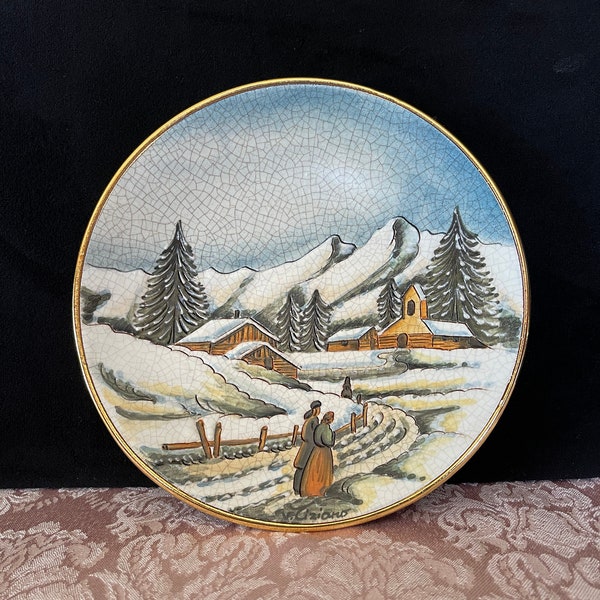 1977 V. Tiziano "Christmas Card" Plate, Limited Edition, Hand Painted by Veneto Flair, Crackle Glaze Retro Feel, Blue, Green, Yellow, Brown