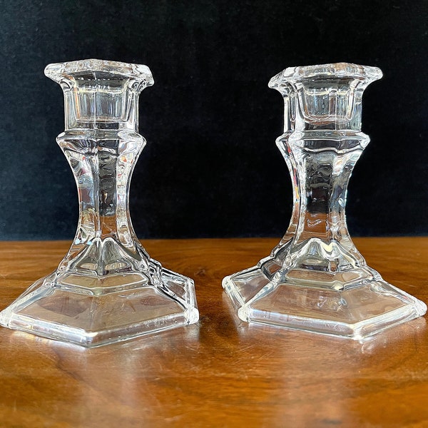 1980's Short Hexagonal Colonial Style Clear Glass Candle Holders, Excellent VTG Condition, Unused No Sign of Wear, No Damage, Size in Photos