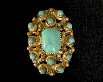 1960&#39;s B.S.K. Etruscan Revival Gold Tone Articulated w Glass Faux Turquoise Octagonal n Round Cabochons n Coated Seed Pearls, Excellent VTG