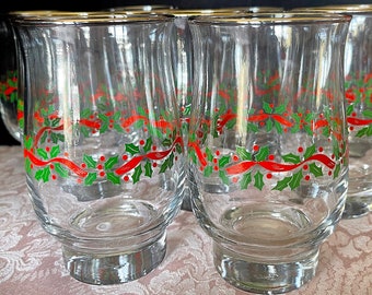 1980's Libbey's Holly (12), Ribbon Tumblers, Sold Singly, Red Ribbon, Berries, Green Holly on Clear, MINT Unused Cond., Size in Photos