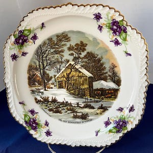 1950's Harkerware Currier & Ives "Old Homestead in Winter" w Violets Vignettes in Corners of Squarish Plate, Raised Edge Gold trim NO Damage