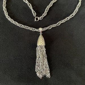 1970's Bell Chain Tassel Necklace, Silver Tone Fun and Flirty Textured Bell, Chain Links, Lots of Flash, Excellent Condition, Size in Photos
