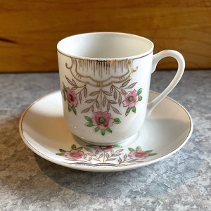 1920's Art Deco Demitasse Set Ultra Thin Porcelain, Pink Green Gold Floral on White, Excellent Antique Cond., Cup,2-1/4"H, Saucer,4-1/2"D