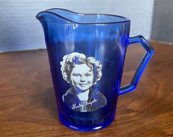 1930's Shirley Temple Bust and Signature Printed Cobalt Small Pitcher Optic Hex Texture on Reverse, Excellent VTG Condition, Appears Unused