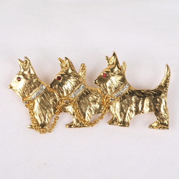 1980's Dog Brooch, Three Scotties Pin. Textured with Rhinestone Collars Red Eyes. Chain From one Collar to Another. Near MINT Condition