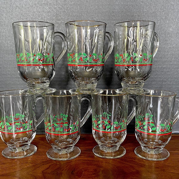 1980's LIBBEY (7) Swirl Glass Holly Pattern Irish Coffee Mugs, Gold Trim, Arby's Promo, (Sold Singly) Excellent VTG Cond., Size in Photos