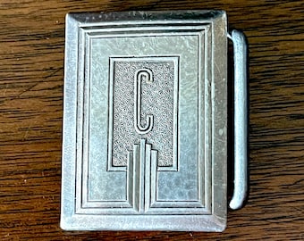 1940's Art Deco Hickok Silver Plate Initial "C" Buckle, Multi Tiered Frame Lines, Subtile Hammered Look Texture, Great Used VTG Condition