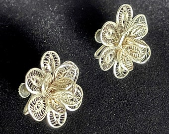 1940's-50's Sterling Cannetille Screw Back Floral Earrings, 3D Layered Flower, Excellent VTG Cond., Size in Photo, Appear European, No Marks
