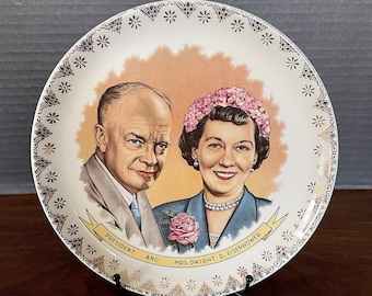 1950's President Display Plate, Pres. & Mrs Dwight D Eisenhower, Ike and Maime, White, Mustard, Pink, Excellent VTG Condition, Size n Photo