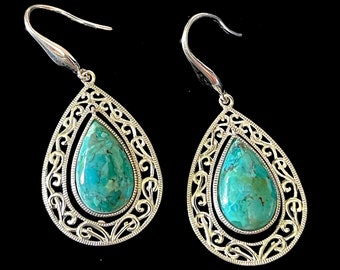 VTG Sterling Silver & Turquoise Wire Dangles, Double Dangle Ornate Filigree Outer Border w Teardrop Cabs., Exc. VTG Cond., Size in Photos