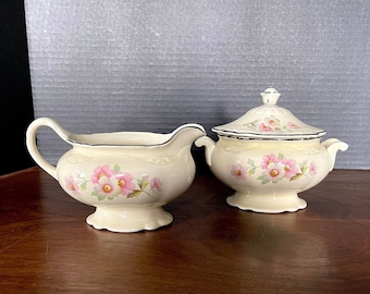 1947-Disc. Homer Laughlin VA Rose Shape, Sugar Bowl w Lid n Creamer, Pink & White on Ivory, Platinum Trim, Excellent VTG, Sold Separately