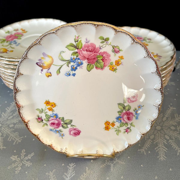 1948-? W. S. George  Pottery Co., Bolero Shape, Roses, Tulips, For-Get-Me-Nots, Sponge Gold Edge, B n B Plates(8), Saucers(10) Exc. VTG Cond