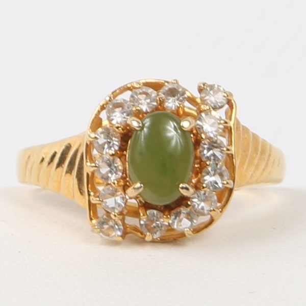 1970's Jade Ring Genuine Jade Cabochon, Prong Set Rhinestones Openwork High Mount Gold Tone. Excellent Condition. Mid Century Style.