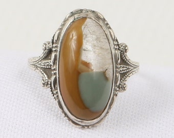 80's Art Glass Ring. Oval Cabochon Bezel Set Mustard, Clear, and Aqua. Excellent VTG Condition. Size 7.5