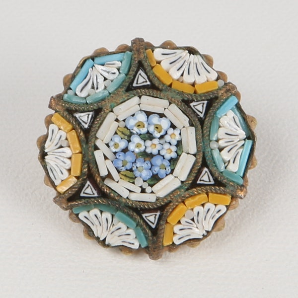 1900-1909 AQ Mosaic Pin Antique  Millefiori Micro & Hexagonal Brass Pin, Many fine Bits of glass attributing that this is a much older pin.