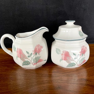 1980-2006 MIKASA Silk Flowers Sugar w Lid and Creamer, Octagonal, Excellent VTG Condition, Some Small Stain on Inside Sugar Lid, See Photos