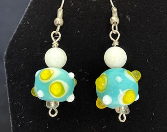 Pre 2000 Aqua Yellow White Art Glass Beads Wire Dangles on Silver Tone, Aqua Bead w Raised White, Yellow Dots, Exc. VTG Cond. Size in Photo