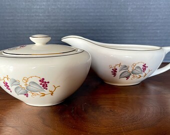 1949-Disc.Knowles Purple Berries, Grey Leaves, Gold Swirls, Gold Trim Gravy Boat & Sugar Bowl w Lid. Sold Separately, Excellent VTG Cond.