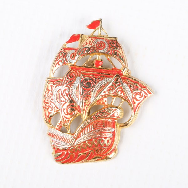 1970's Red Damascene Ship Made in SPAIN Red Ship Brooch, Excellent Cond., 1-1/4" W X 2-1/4" H, Roll Over Clasp, Red Silver On Gold Tone,