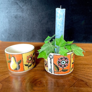 1964 Holt Howard, Candle Holders w Wells for Greenery, Etc. A Fanciful Patchwork of Fruit, Flowers, Etc. Org Yellw. Grn. Etc, Exc. VTG Cond.