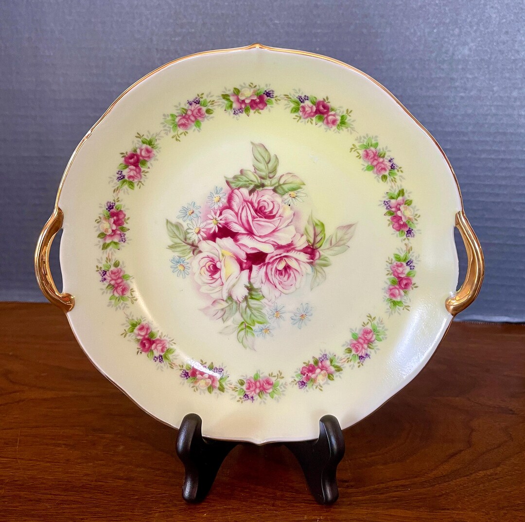 1950's ARNART Porcelain Open Handled Candy Dish, Yellow Base W Pink N