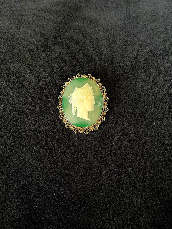1960's Large White Lucite Cameo on Green Shaded L… - image 1