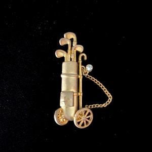 Golftas uit de jaren 90 op wielen met ketting en heldere strass, matgouden tint, voorwiel draait vrij, uitstekende VTG-conditie, maat op foto