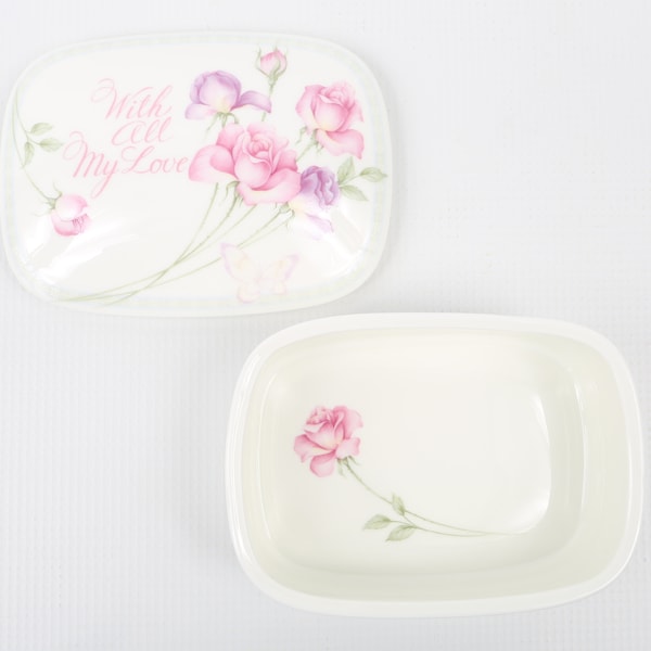 1960's Mikasa Trinket Box. "With All My Love" Bone China Numari Japan. Pink & Purple Roses. Single Pink Rose Inside. Excellent Condition