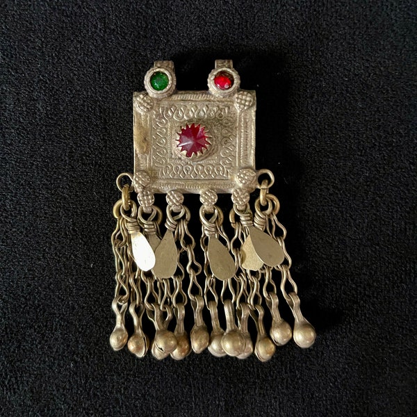 Pre 2000 Afghan Kuchi Tribal Pendant Adornment, Bedouin Handcrafted Brass, Decorative Embellishments, Chain Fringe "Bells", Size in Photos