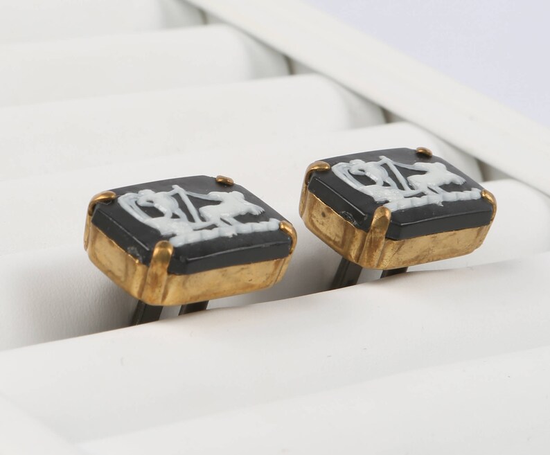 Greek Cuff Links Black and White Lucite Greek Chariot Rectangular Bezel set in Brass Cuff links Excellent VTG Cond. 1116 X 12.