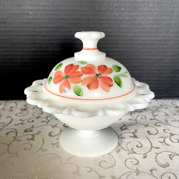 1959-76 Anchor Hocking "Old Colony" Compote, Dome Lid, Rare "Gay Fad" Hand Painted Coral Pink Dogwood, Excellent VTG Condition, NO Damage