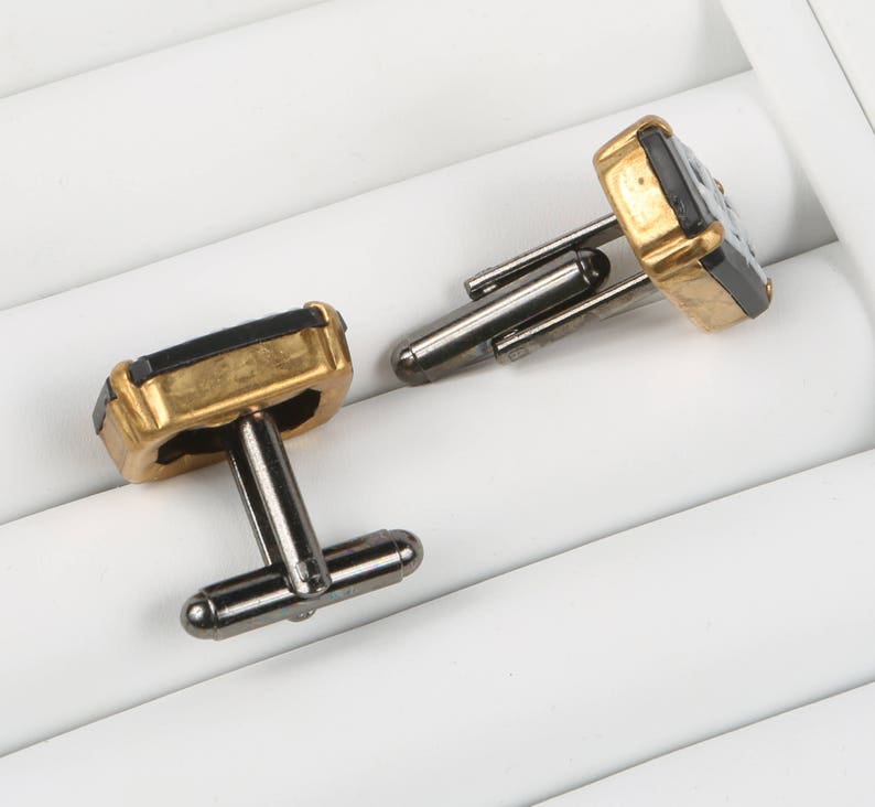 Greek Cuff Links Black and White Lucite Greek Chariot Rectangular Bezel set in Brass Cuff links Excellent VTG Cond. 1116 X 12.