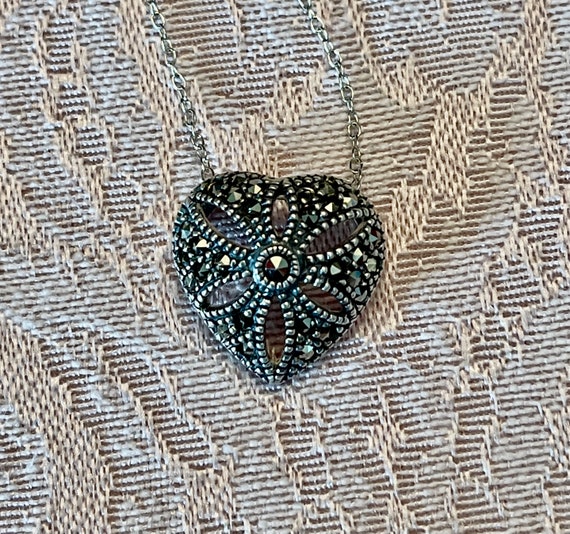 1990's Sterling and Marcasite Pierced Heart Penda… - image 2