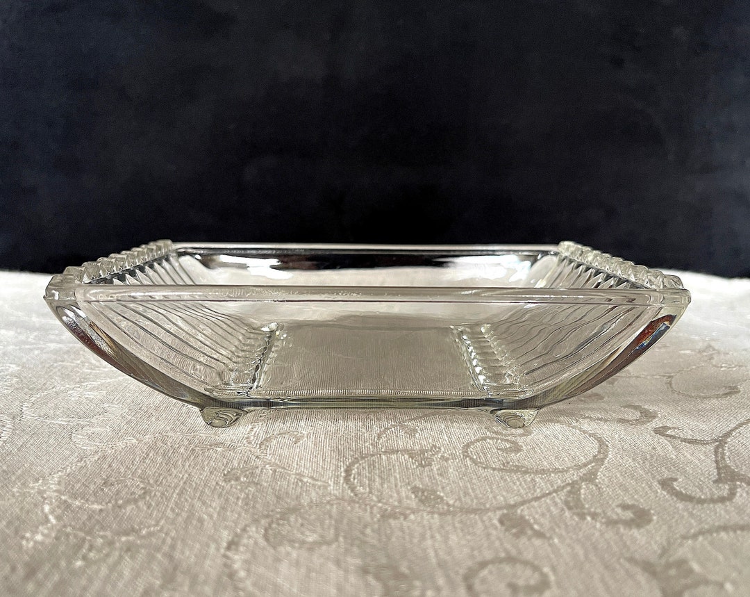 1950's Art Deco Clear Glass Relish Dish, Boat Shaped W Curved Ribs at