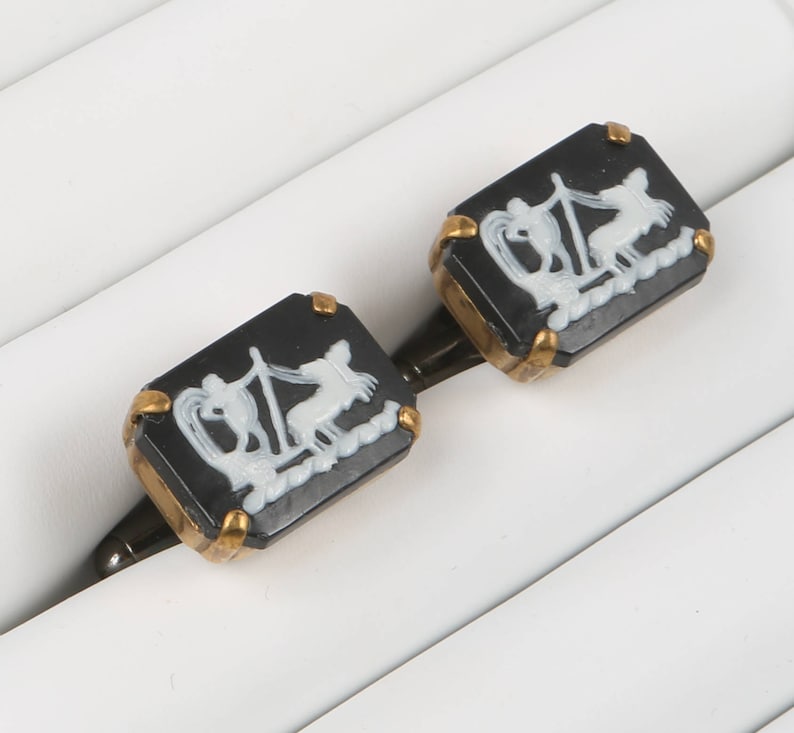Greek Cuff Links Black and White Lucite Greek Chariot Rectangular Bezel set in Brass Cuff links Excellent VTG Cond. 1116 X 12.