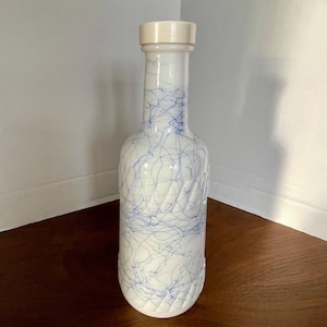 1950&#39;s Welch&#39;s Juice Bottle, Blue Spaghetti Design on Milk Glass, 10&quot; H X 3-5/8&quot; Base Diameter, Excellent Cond., No Damage